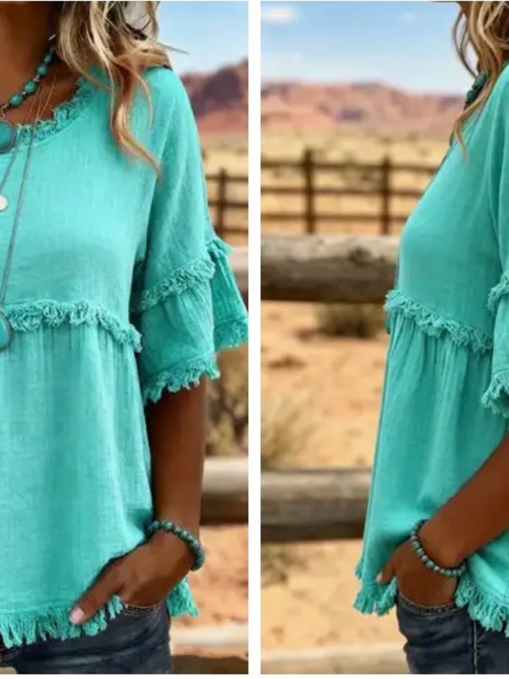 Women’s Turquoise Fringe Sleeve Top - Lightweight Casual-see size description
